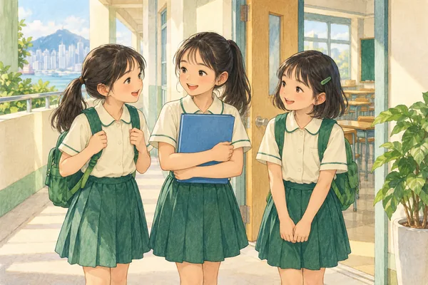 Three girls stand outside a classroom; only the girl in the middle is holding a blue folder.