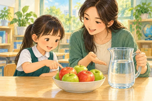 In a classroom, a child points to a bowl of apples while a teacher gestures towards a clear jug of water.