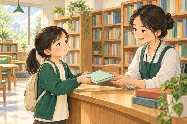 At a library counter, a girl hands a closed green book to a librarian, with bookshelves behind them.