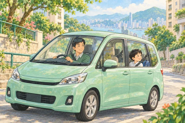 A father drives a green family car while his son, wearing a seat belt in the rear seat, looks out of the window.