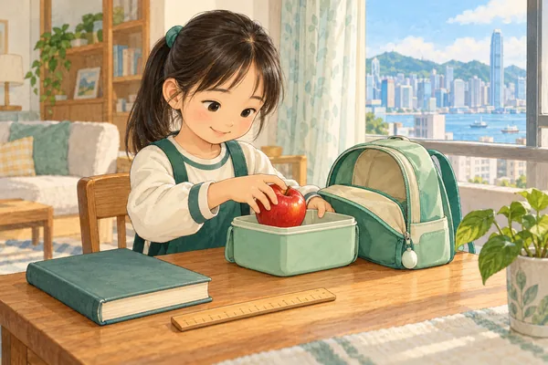 A girl puts a red apple into a lunch box beside a book, a wooden ruler and an open green schoolbag.
