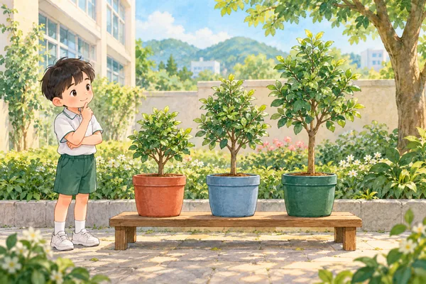 Three trees stand on one bench: the shortest in a red pot, the middle-height tree in a blue pot and the tallest in a green pot.
