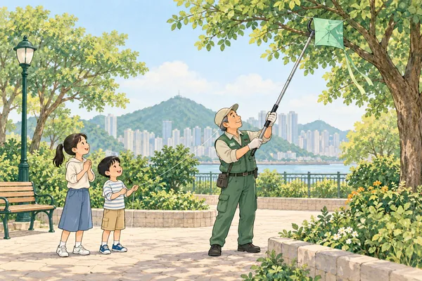 Two children watch from the ground as a park keeper retrieves a green kite from a tree with a long pole.