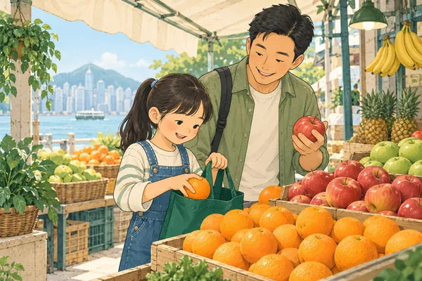 A father and daughter choose fruit at a market; the girl puts an orange into a green reusable bag.