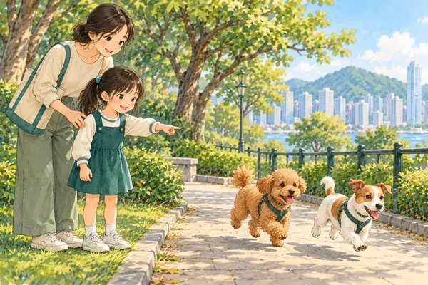 孩子與家長在公園觀看兩隻狗跑動,從熟悉情境練習完整句子。