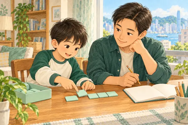 A boy and his father check English grammar practice cards at home to find what needs more work.