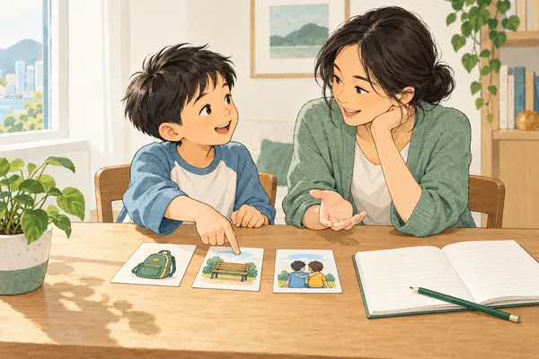 A child points to picture cards while a parent listens, with an open notebook and pencil on the desk.