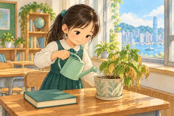 女孩在課室窗邊為葉子枯黃的盆栽澆水，觀察細節以理解故事。