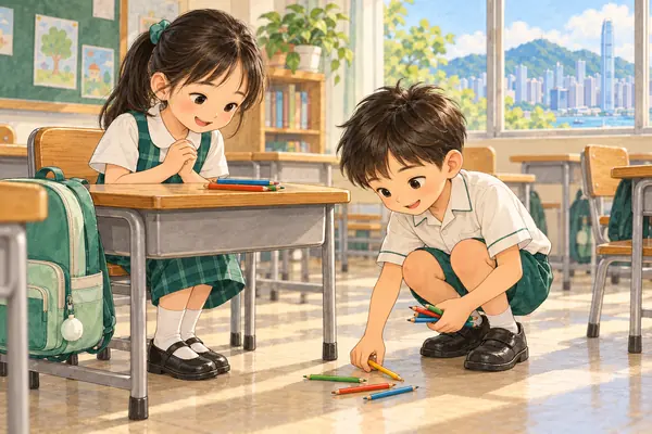 A boy picks up coloured pencils dropped by his classmate, who looks grateful.