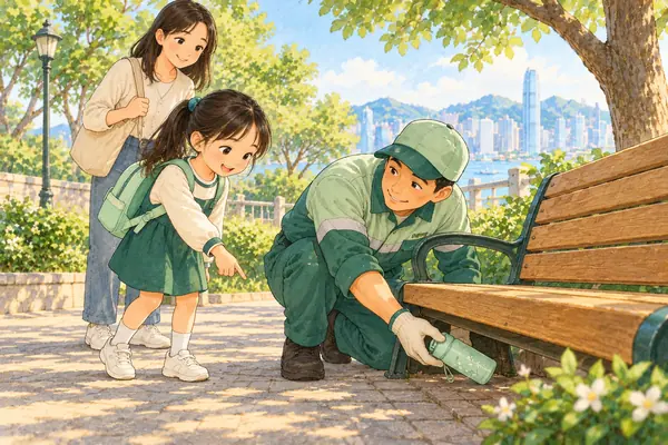 A park keeper retrieves a water bottle from under a bench while a child and parent watch.