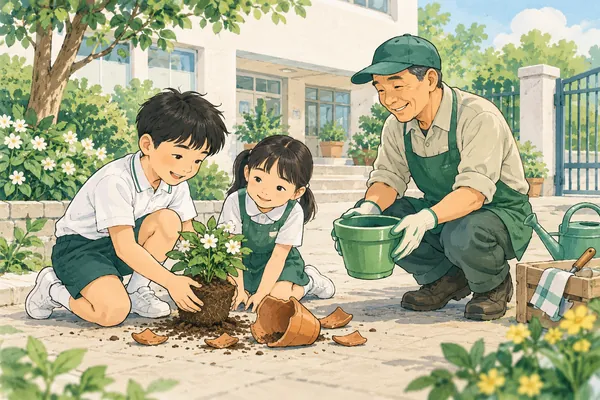 In a school garden, two children hold a plant while a caretaker offers a spare pot beside a broken one.